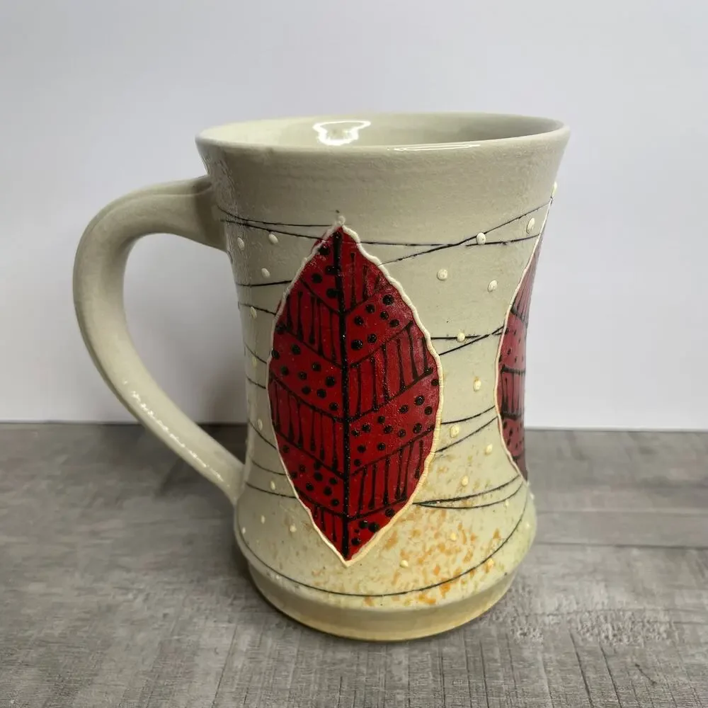 Vintage STEPHANIE KING Studio Art Pottery Creme Burgundy Tribal Leaf